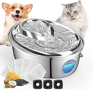 ORSDA Stainless Steel Cat Water Fountain, Automatic Pet Drinking Fountain, 100oz/3L Dog Water Dispenser with LED Water Level Window- 9Pcs Filters D66