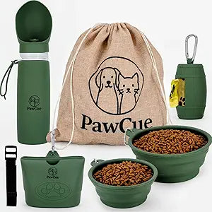 Dog Travel Kit 7-in-1 Collapsible Bowls, Water Bottle, Treat Pouch, Waste Bag Holder, Strap & Carry Bag Portable Pet Travel Essentials for Walks, Hiking, Road Trips & Everyday Use PawCue