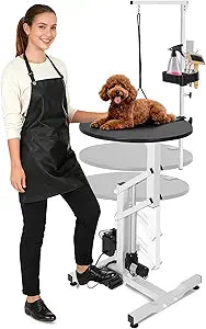 Electric Hydraulic Lift Dog Grooming Table 24 Inch Rotating Desktop, Overhead Arm, Foot Remote, Tool Organizer, 250LBS Capacity Ideal for Small Pets