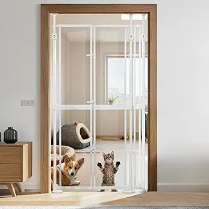 74.80-98.43'' Extra Tall Cat Gate, Adjustable 33.86 and 35.80' Wide, Transparent Full Door Pet Gate, Auto Close No Drilling Cat Proof Safety Gate for Doorway Stairs- White