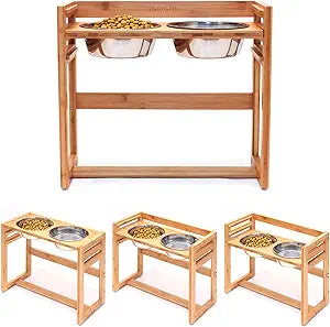 Adjustable Height Elevated Dog Bowls for Large Dogs- 12 , 14 , or 16 Tall with Four Stainless Steel Dog Bowls by Pawfect Pets