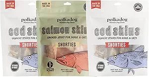 Polkadog Fish Skin Shorties Variety 3-Pack Includes 2x Cod and 1x Salmon. All-Natural Dog Treats, Made in USA, Single Ingredient, Omega-3 Rich, Grain-Free & Hypoallergenic Jerky for All Breeds