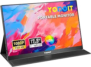 Yodoit Portable Monitor for Laptop 1920 1080 17.3' FHD Screen IPS Display with USB Type C Port, Built-in Speakers and Smart Cover Compatible with PC, MacBook, Xbox (Black)