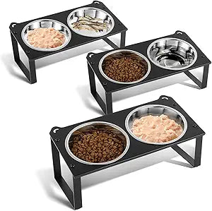 3 Set Elevated Cat Food Water Bowls, 6 Stainless Steel Bowls for Indoor Pet with Cute Metal Stand, 10 Tilted Anti-Vomiting Raised Wide Shallow Cat Dishes Whisker Friendly for Multiple Kitten,Puppy