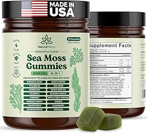 Natural Rems Sea Moss Gummies 16-in-1 - Ashwagandha Black Seed Oil Bladder Wrack Turmeric Vitamin C & D3 with Manuka Burdock Root Dandelion Yellow Dock Elderberry Apple Cider Vinegar (Green Apple)