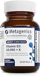 Metagenics Vitamin D3 + K - for Artery Health, Immune Support, Bone & Heart Health* - Vitamin D with MK-7 (Vitamin K2) - Non-GMO - Gluten-Free - 60 Softgels - 10,000 IU