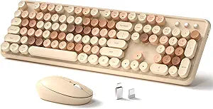Wireless Keyboard and Mouse, Full-Size Retro Typewriter Keyboard with Round Keycaps, 2.4GHz for Windows, Mac, Laptop, PC, Desktop (Milky Tea Colorful)