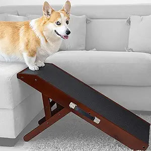 Dog ramp for Couch Non-Slip, Sturdy Build Foldable Dog ramp Supports up to 200lbs Adjustable 7'' to 20'' Landing Platform Seamlessly Connects Birchwood Pet Ramp for Small Dogs Walnut