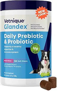 Vetnique Glandex Daily Probiotics for Dogs with Prebiotics to Support Gut Health with Fiber and Digestive Enzymes, Dog Probiotic Chews or Powders (120ct Chews, Bacon Chews)