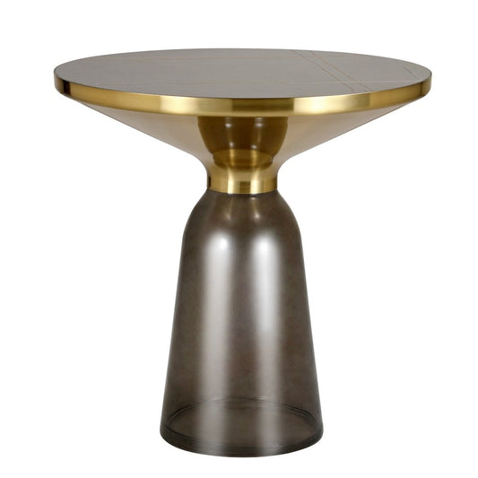 Leisuremod Tully Collection Glass side Table Grey glass Gold Rim Black Sintered Stone Top