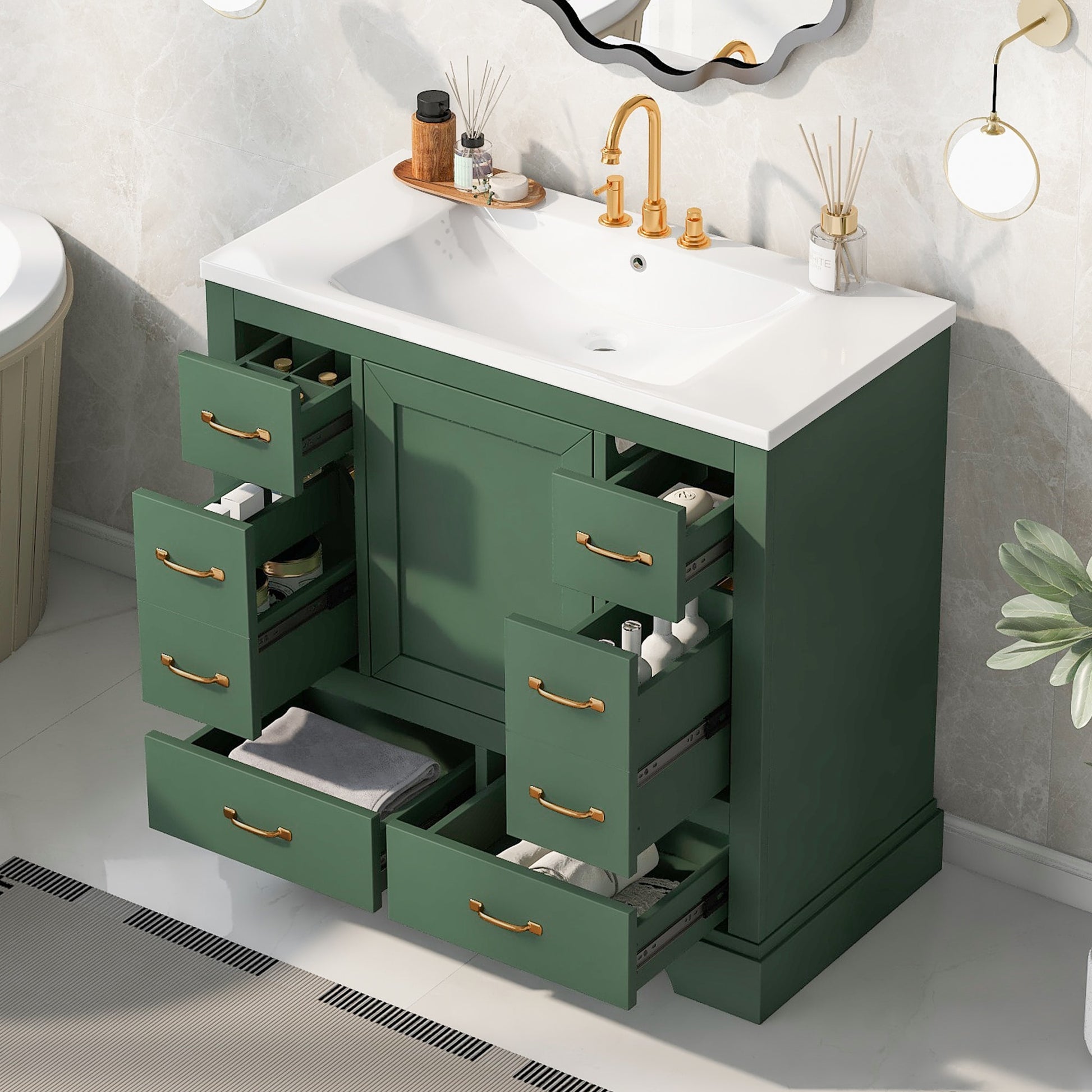 ModernLuxe 36inch Bathroom Vanity with Sink Combo Six Drawers MultiFunctional Drawer Divider Adjustable Shelf Green