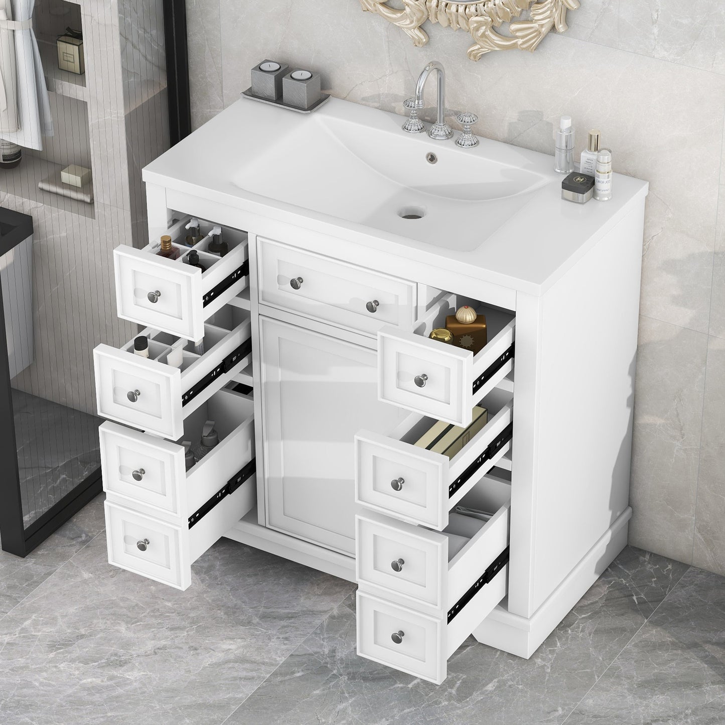 Tatayosi 36inch White Bathroom Vanity with Sink Combo 1 Cabinet 6 Drawers Solid Wood and MDF Board