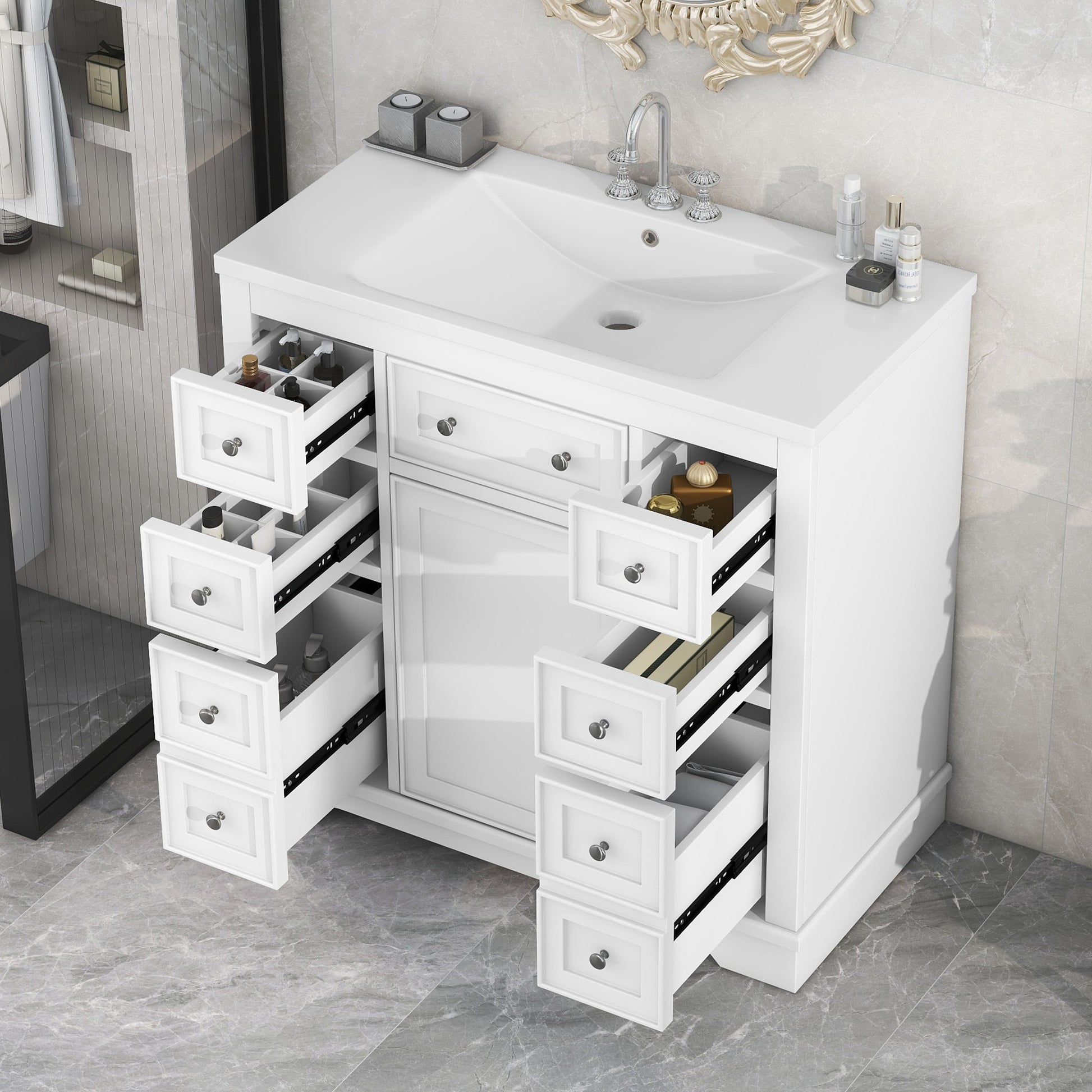 Tatayosi 36inch White Bathroom Vanity with Sink Combo 1 Cabinet 6 Drawers Solid Wood and MDF Board