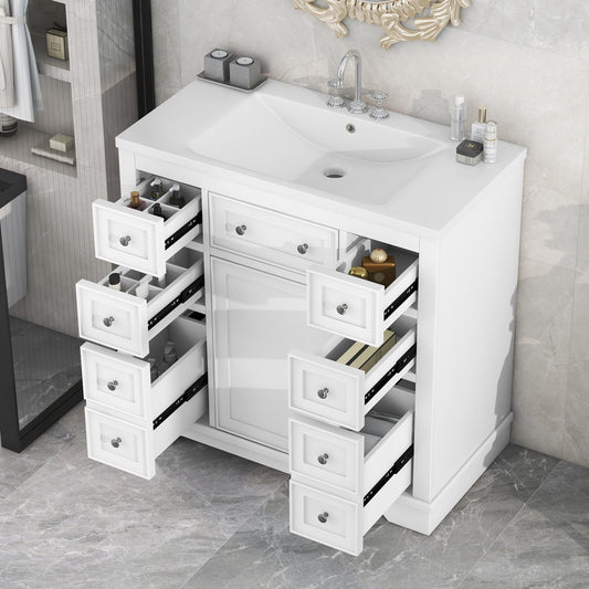 Tatayosi 36inch White Bathroom Vanity with Sink Combo 1 Cabinet 6 Drawers Solid Wood and MDF Board