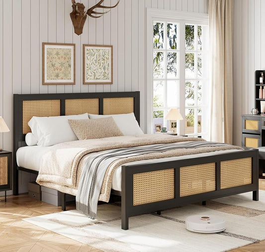 Qeetex Bohemian Rattan Bed Frame with Headboard Strong Metal Slats Support Noise-Free Design No Box Spring NeededBlack