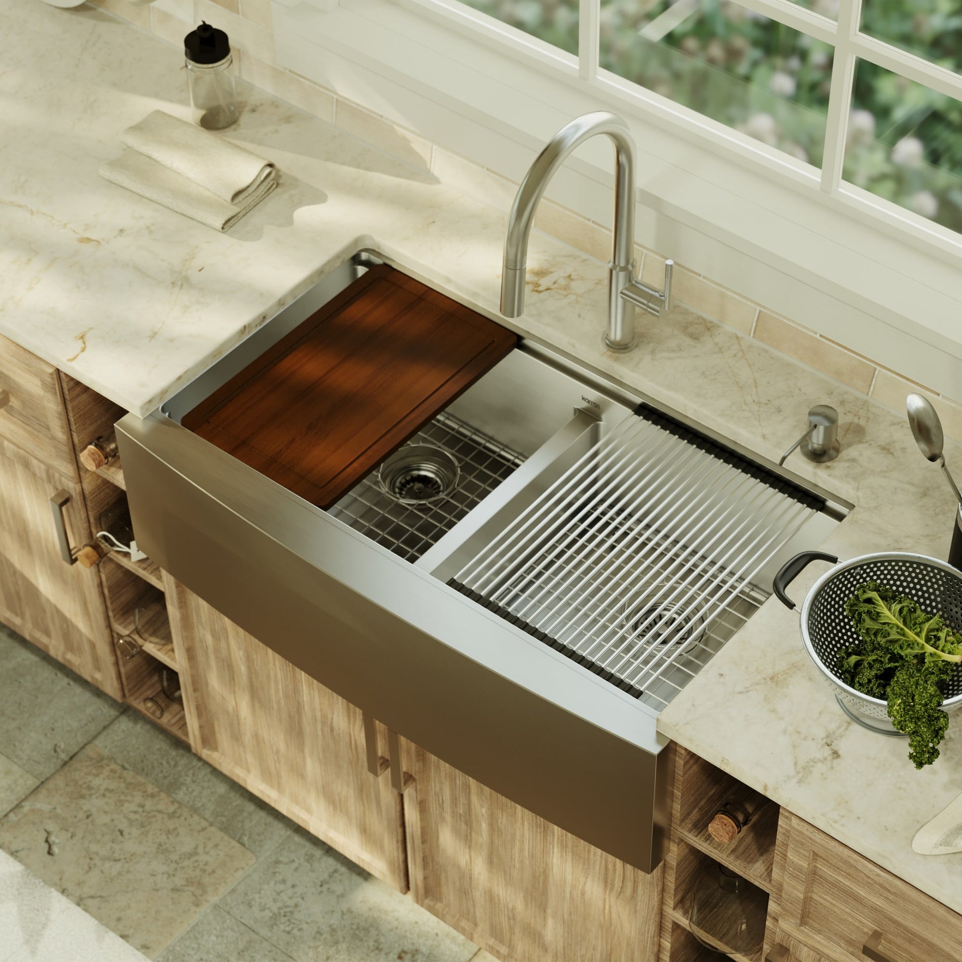 Karran Farmhouse apron front 36-in x 21-in Stainless steel Double equal bowl 16 -Gauge Workstation Kitchen Sink