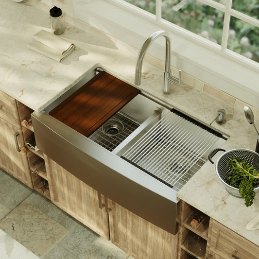 Karran Farmhouse apron front 36-in x 21-in Stainless steel Double equal bowl 16 -Gauge Workstation Kitchen Sink