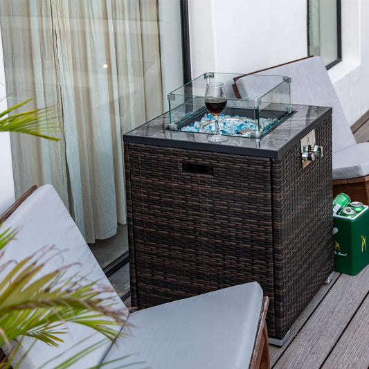 LOVMOR 24 inch Propane Gas Fire Pit Table 50000 BTU Square Fire Pit Tile Tabletop Wicker Base for Outside Patio Deck Garden Courtyard Espresso