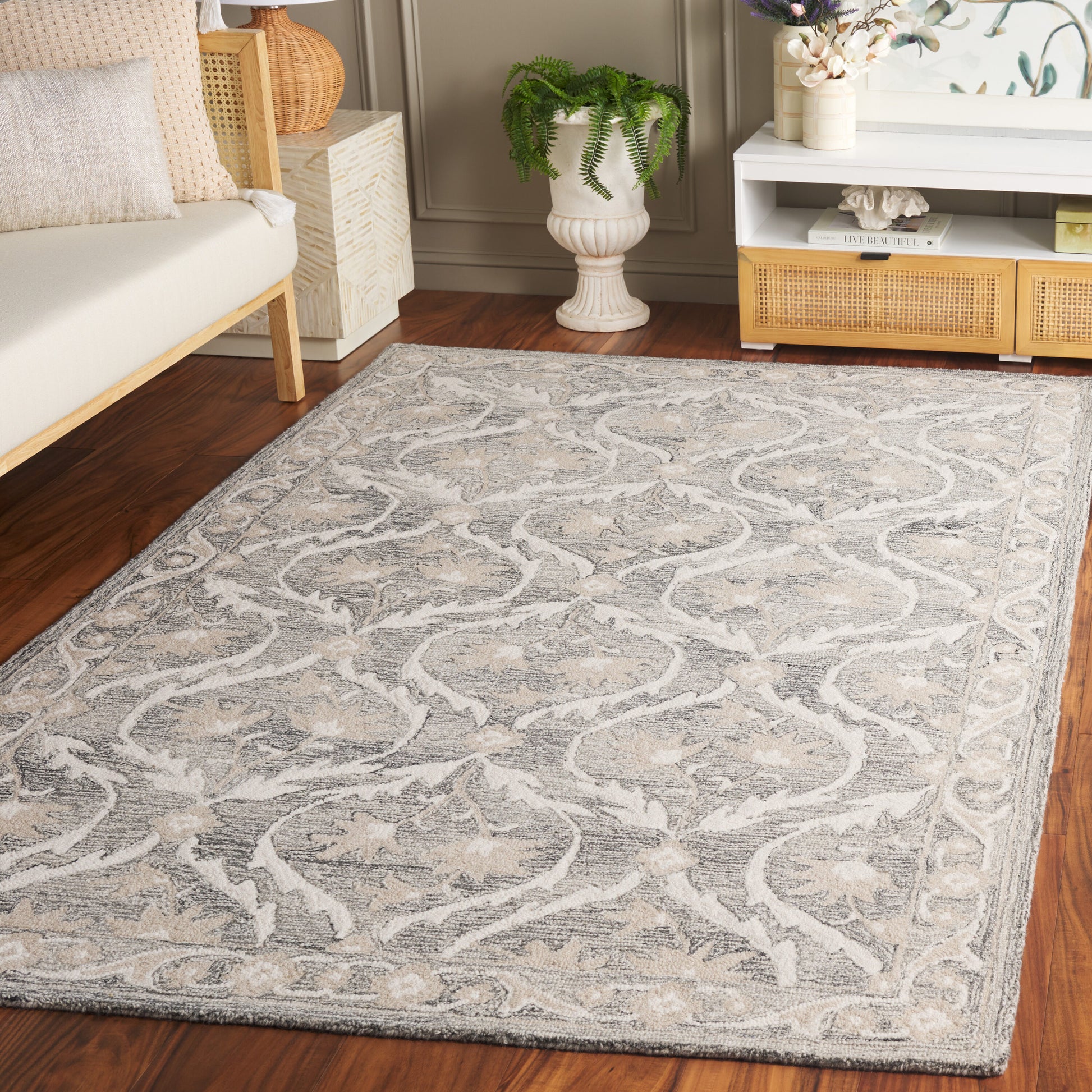 Safavieh Blossom 6 x 9 (ft) Tufted Wool Gray/Ivory Rectangular Indoor Mid-Century Modern Professionally Clean Only Area rug
