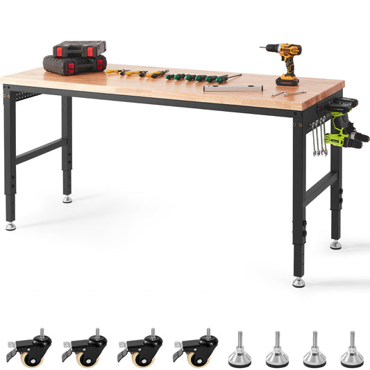 VEVOR Adjustable Workbench  72in L X 25in W Garage Worktable with Universal Wheels  28-39.5in Heights and 3000 LBS Load Capacity  with Power Outlets and Hardwood Top and Storage and Foot Pads  for Office Home