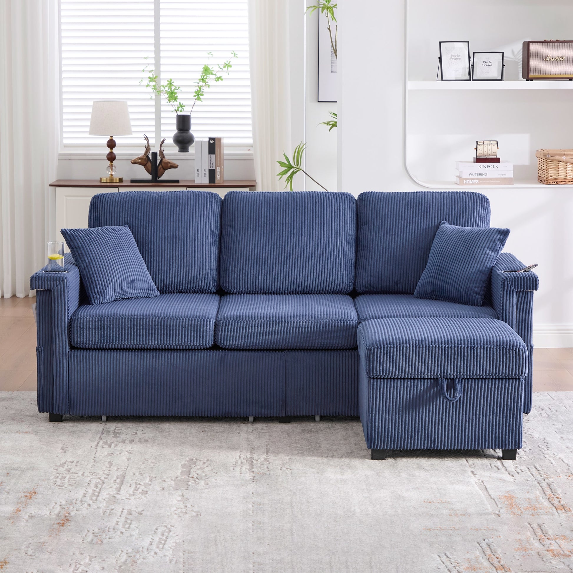 GDFStudio 3 Seat L Shaped Sectional Sofa with Pull Out Storage Ottoman and Pillows 3 Seat with USB Charging Corduroy Fabric