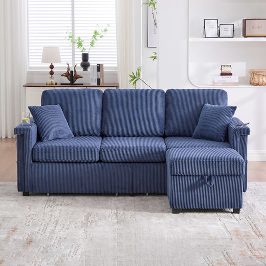 GDFStudio 3 Seat L Shaped Sectional Sofa with Pull Out Storage Ottoman and Pillows 3 Seat with USB Charging Corduroy Fabric