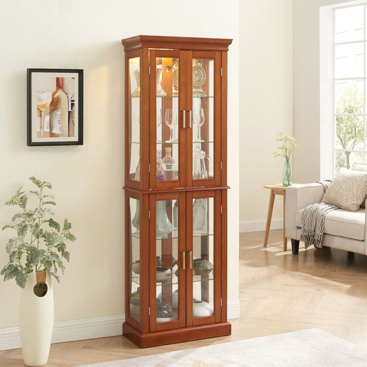 Tatayosi Curio Cabinet Lighted Curio Diapaly Cabinet with Adjustable Shelves and Mirrored Back Panel; Tempered Glass Doors (Walnut; 6 Tier); (E26 light bulb not included)