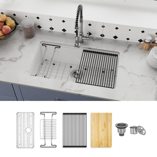 CASAINC Undermount 33-in x 19-in Fireclay Single bowl Workstation Kitchen Sink with Drainboard