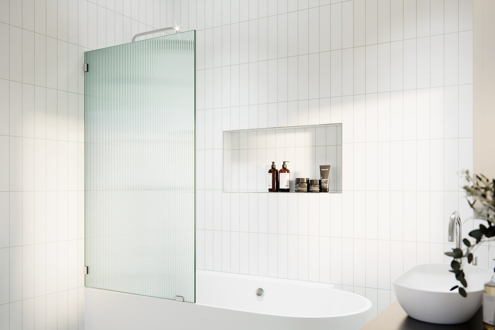 Glass Warehouse Gaia Polished Chrome 34-in W x 58.25-in H Frameless Fluted Glass Fixed Bathtub door
