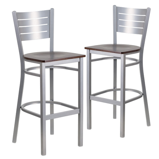 Emma + Oliver 2 Pack Silver Slat Back Metal Restaurant Barstool - Walnut Wood Seat