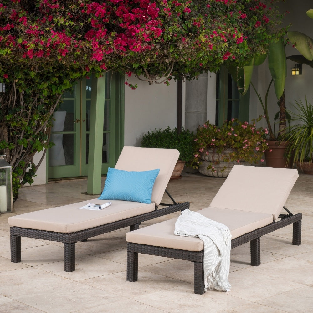 Christopher Knight Home Puerta Outdoor Wicker Chaise Lounge with Water Resistant Cushion (Set of 2)-Dark Brown