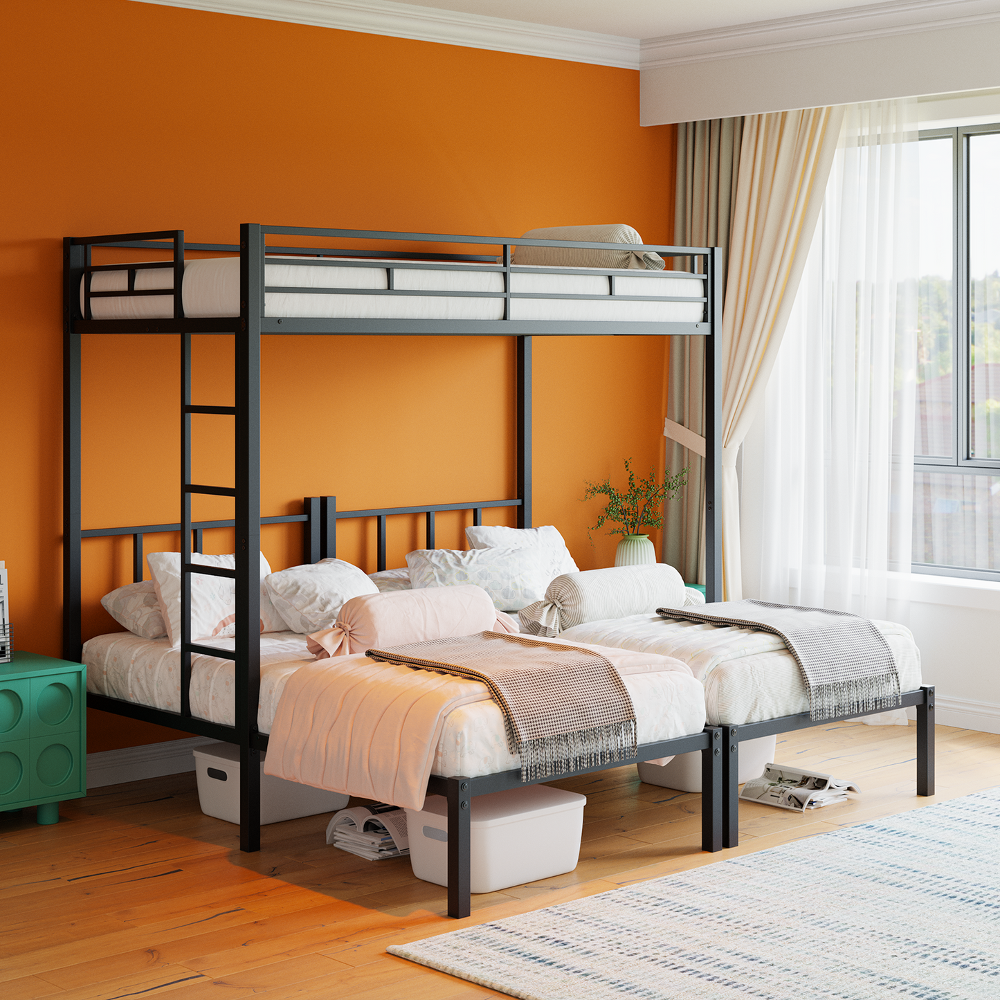 LOVMOR Twin Over Twin Over Twin Metal Bunk Bed Guardrails Ladder Convertible 3 Beds Black No Box Spring