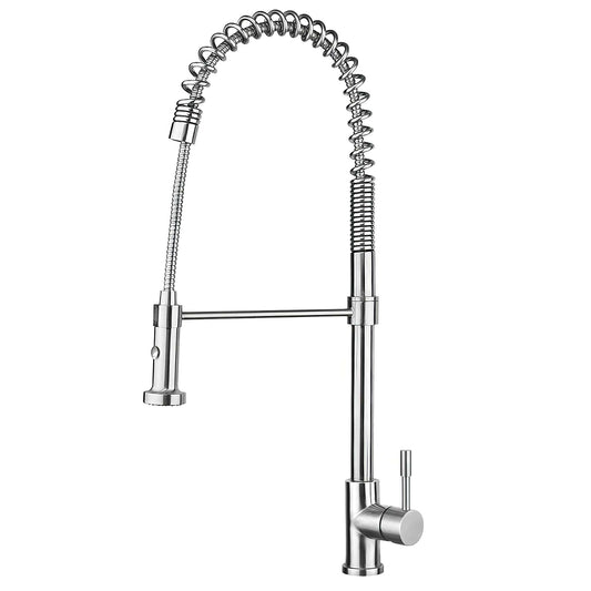 Whitehaus Collection Waterhaus Solid Stainless Steel Single-Hole Faucet with Flexible Pull Down Spray Head in Polished Finish