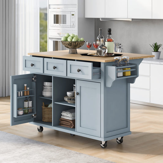 Misty Moon 53 Inch Blue Kitchen Cart with Rubber wood Drop-Leaf Countertop Kitchen Island on 5 Wheels for Dinning Room