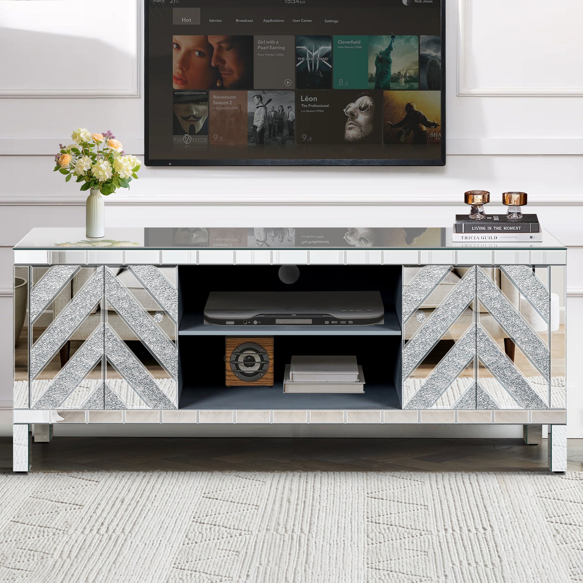 GDFStudio Mirrored TV Stand for 65+ Inches TV Sliver TV Console Table with Open Storage and 2 Storage Cabinets  M Shape Sparkling Mirror Doors for Living Room