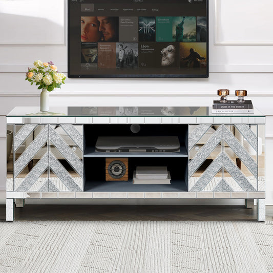 GDFStudio Mirrored TV Stand for 65+ Inches TV Sliver TV Console Table with Open Storage and 2 Storage Cabinets  M Shape Sparkling Mirror Doors for Living Room