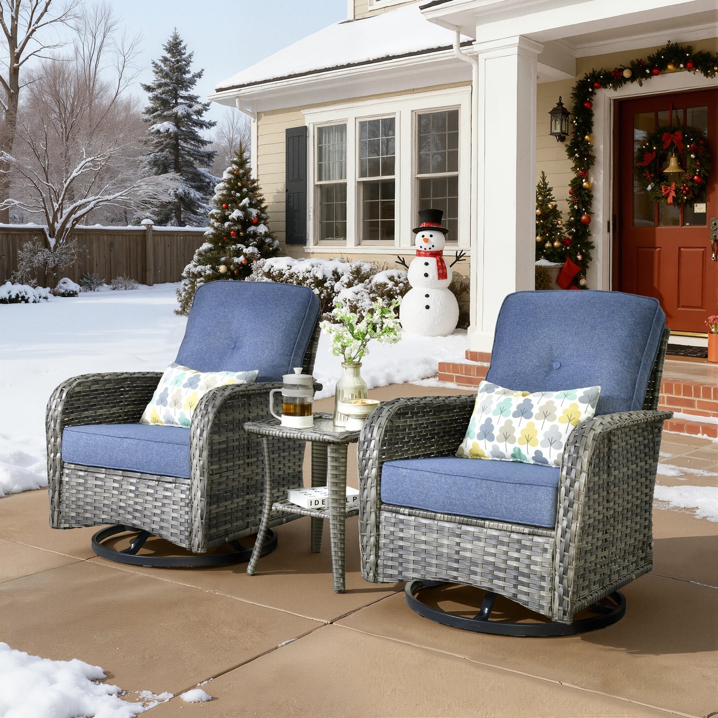 ALTRIGUS 3 -Piece Wicker Patio Conversation Set with Blue / Cushions