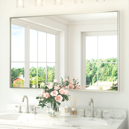 TETOTE 55x36 Inch Brushed Nickel Rectangle Beveled Framed Bathroom Vanity Mirror
