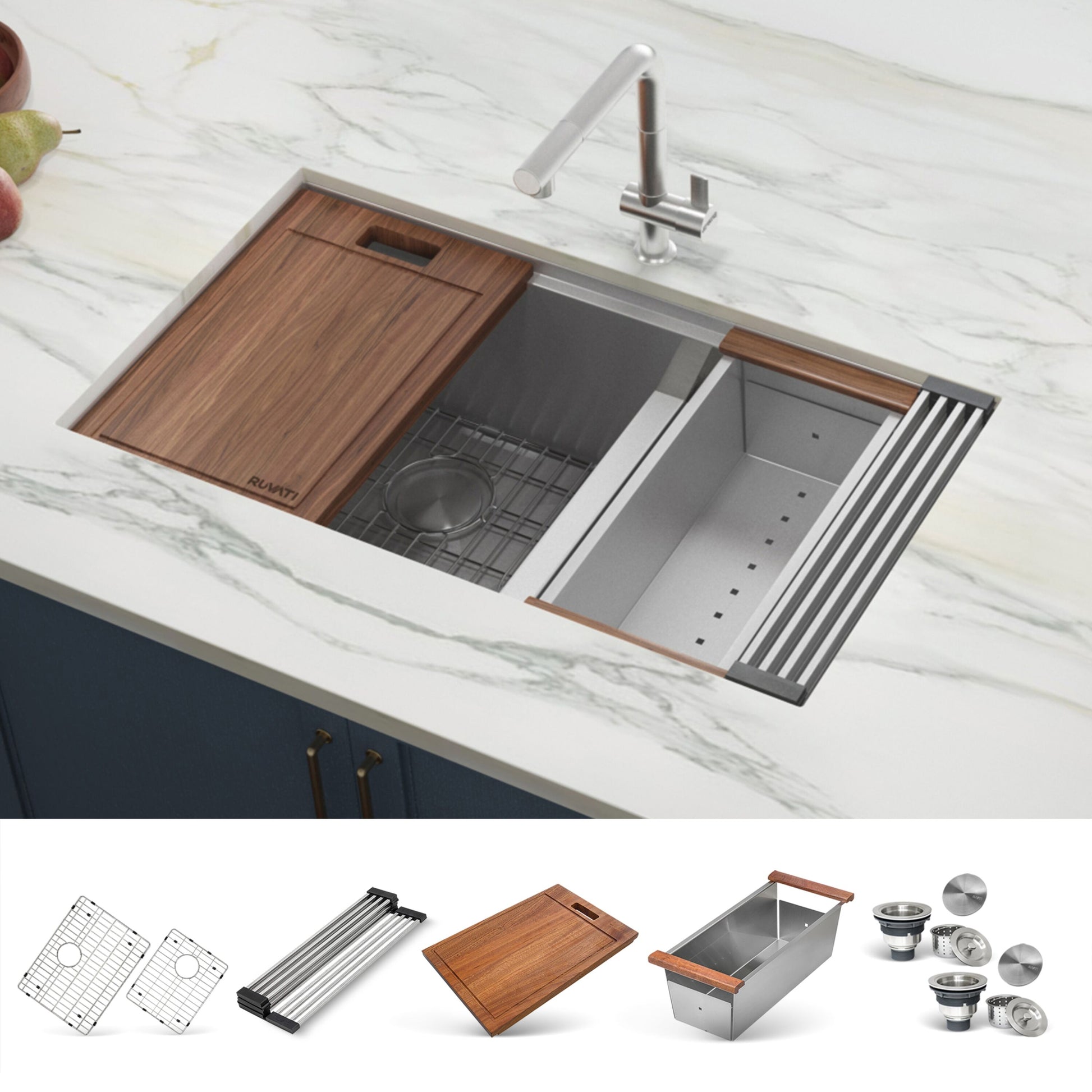 Ruvati Roma Undermount 36-in x 19-in Stainless steel Double offset bowl 16 -Gauge Workstation Kitchen Sink