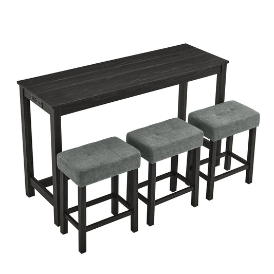 JEAREY 4 Piece 59 Inch Bar Table Set with Power Outlet and 3 Upholstered Stools Industrial Black