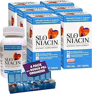 Kinara Slo Niacin 500mg Flush Free 100 Capsules/Tablets 6-Pack, Vitamin B3, Heart & Nutritional Health, Energy Production, Circulation, Skin Pill Organizer