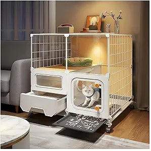 cat cage Indoor with Litter Box, Complimentary Bed, Bowl,Cleaning Three Piece Set,cat Enclosure, Kennel,Pet Cage, Cat House with Wheels(28 (L) x18.1 (W) x32.3 (H)