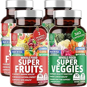 4-Pack N1N Premium Super Fruits & Veggies Supplement, 360 Caps, Whole Food & Natural Superfood for Women, Men & Kids - Packed with Aloe Vera, Vitamins & Minerals, Better Than Multivitamins,100% Vegan