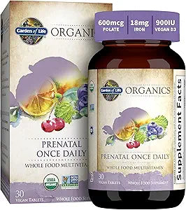 Garden of Life Organics Prenatal Vitamin: Folate for Energy & Healthy Fetal Development, Non-constipating Iron, Vitamin C, B6, B12, D3 â€“ Organic, Non-GMO, Gluten-Free, Vegan, 30 Day Supply