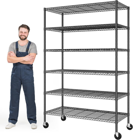 Romorgniz 82" H X45 W X18 D Storage Shelves with Wheels, 6 Tier Wire Shelving Adjustable Metal Shelving Pantry Shelves Capacity 1200LBS for Garage Shelving, Pantry, Kitchen, Closet, Commercial, Black