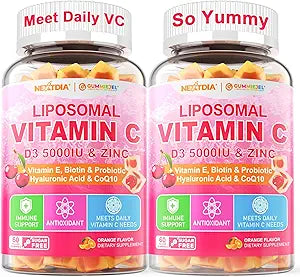 Liposomal Vitamin C 1000mg + D3 5000IU + Zinc Filled Gummies, Folate 800mcg Chewable Supplement, Elderberry for Immune, Hyaluronic Acid, VE, for Beauty, Energy & Overall Health, Sugar Free, ï»¿2 Pack