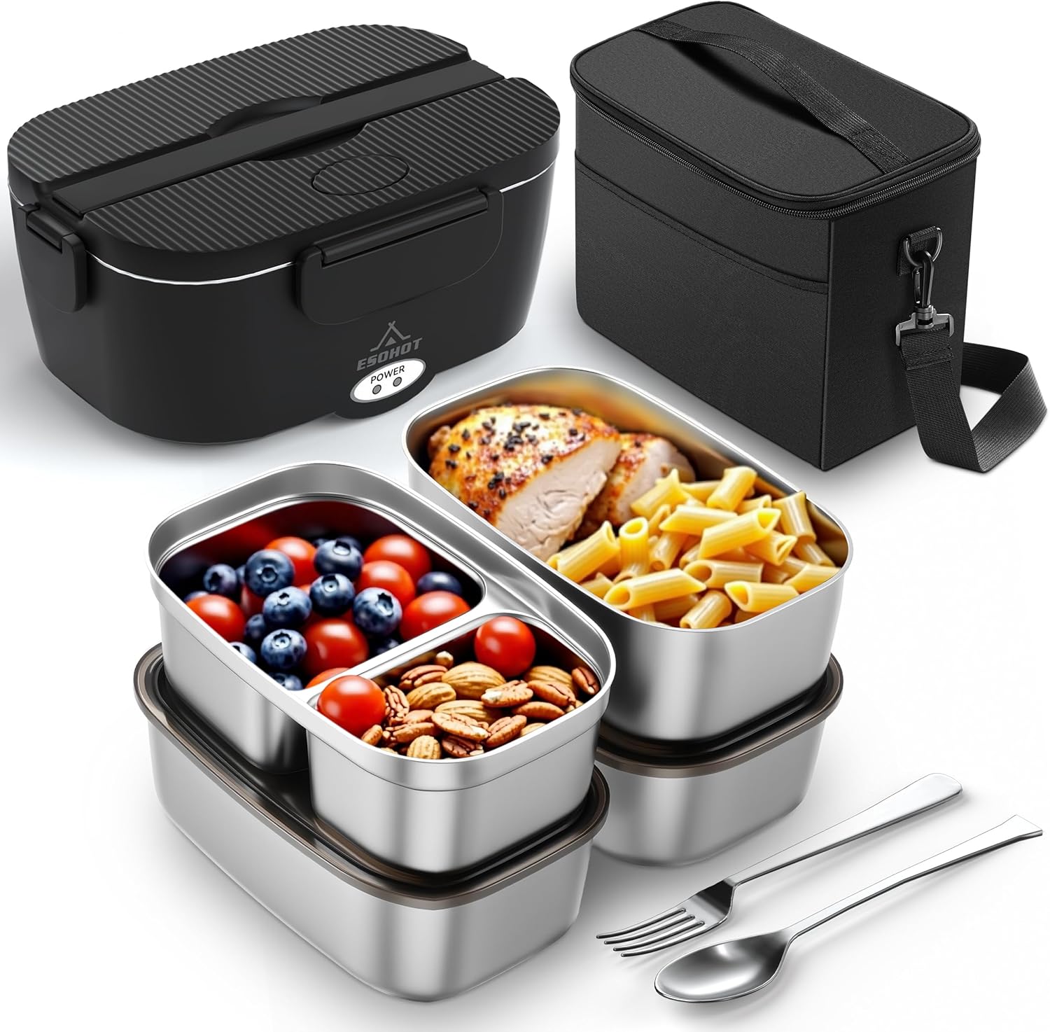 ESOHOT Heated Lunch Box,120W Electric Lunch Box for Adults with 1.5L 304 Stainless Steel Container, 12V\/24V\/110V Lonchera El ctrica Port til for Travel,Work,Car,Truck (Pure Black, 1.5L x 4)