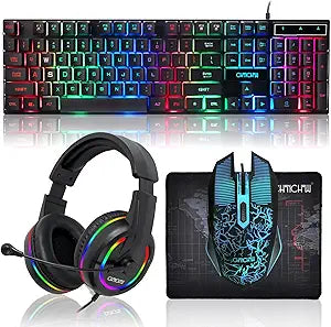 Gaming LED Keyboard Mouse Headset and Mousepad Bundle, CHONCHOW Wired Rainbow LED Light Up Gaming Keyboard Mouse Headset, Value 4 in 1 Game Set for Xbox PS4 PS5 PC Laptop Gamer