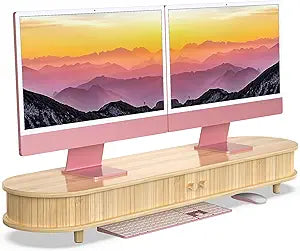 Bamboo Dual Monitor Stand with Storage, Curved Double Computer Laptop Stand Desk Shelf Organizer with Sliding Doors (42 inch)