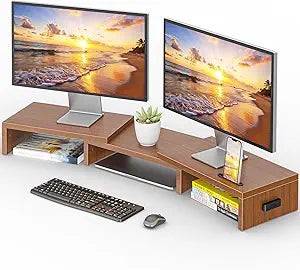 BONTEC Dual Monitor Stand Riser with Smartphone Holder, Adjustable Length & Swivel Angle, Ergonomic Wooden Desktop Organizer for PC Monitor, Laptop, Printer, Large Storage, Walnut